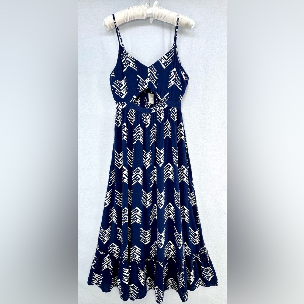 MWT Aerie Women’s Blue Ikat White Tribal Print Boho Cut Out Long Maxi Dress Sz S - Picture 2 of 15
